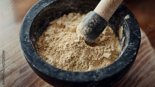 Ground spice in mortar and pestle on wooden surface. Possible use in cooking or herbal remedies. photo