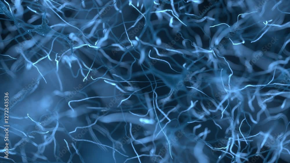 Neurons glow blue transmitting signals. Network of complex nerves receiving sensory input. 3D animation.