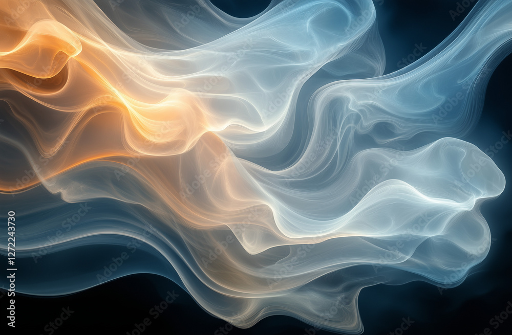 Abstract background with smoke, liquid, and flowing shapes in gray, blue, brown, and beige colors on a black background.
