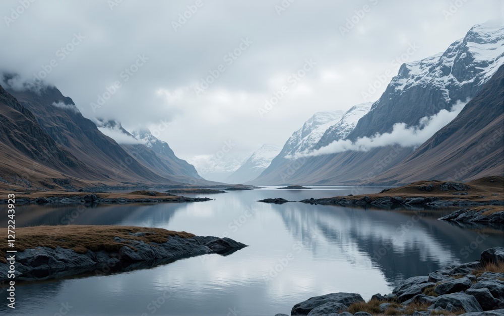 Obraz premium Mountain Lake and Snow-capped Peaks under Cloudy Sky