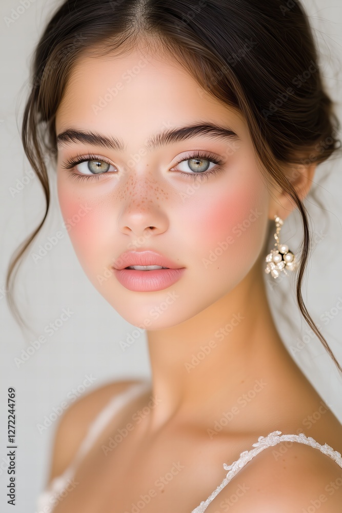 Close Up Portrait of Young Woman with Glitter Makeup and Elegant Earrings Close Up Portrait of Young Woman with Glitter Makeup and Elegant Earrings
