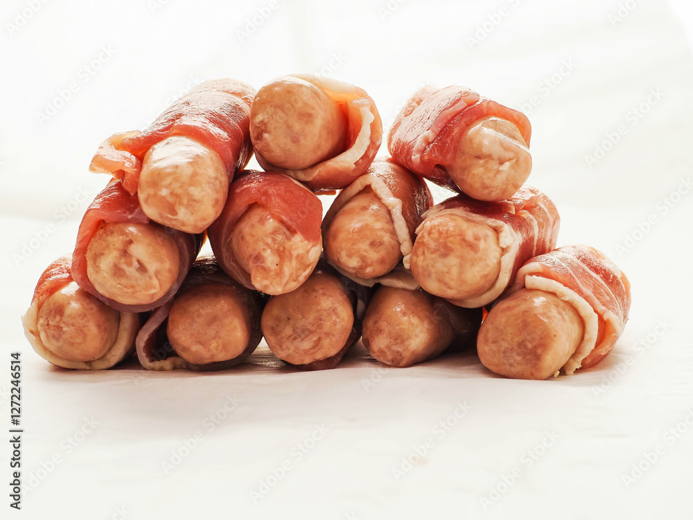 Stack of pigs in blanket on white background. Simple pork meat party food or starter. Stack of pigs in blanket on white background. Simple pork meat party food or starter.