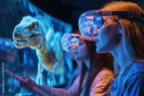 A woman wearing a VR headset experiencing an immersive dinosaur exhibit in a futuristic museum with realistic 3D visuals