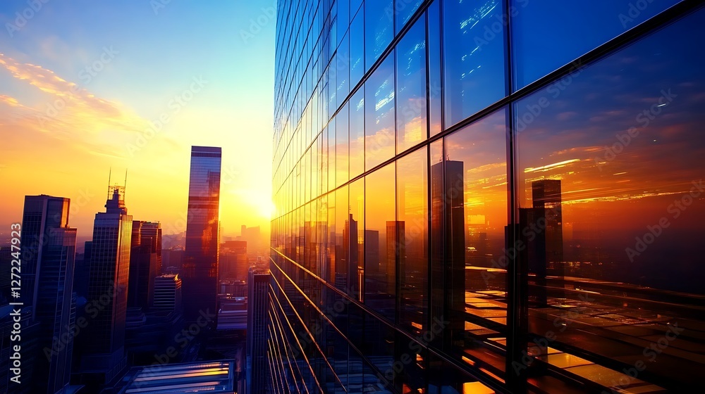 Obraz premium Sunset cityscape reflected in modern skyscraper windows