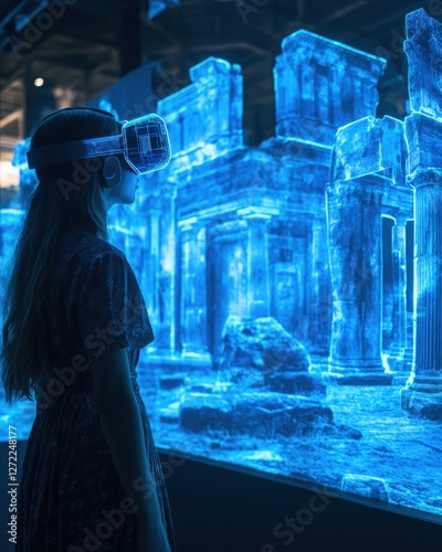 A person exploring an ancient city reconstruction in VR, surrounded by glowing holographic ruins in a futuristic museum