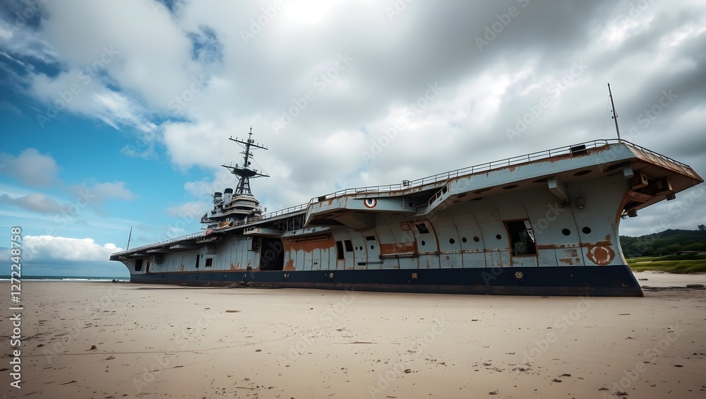Fototapeta premium A large aircraft carrier rests on a sandy beach under a cloudy sky, showcasing its immense structure and historical significance.