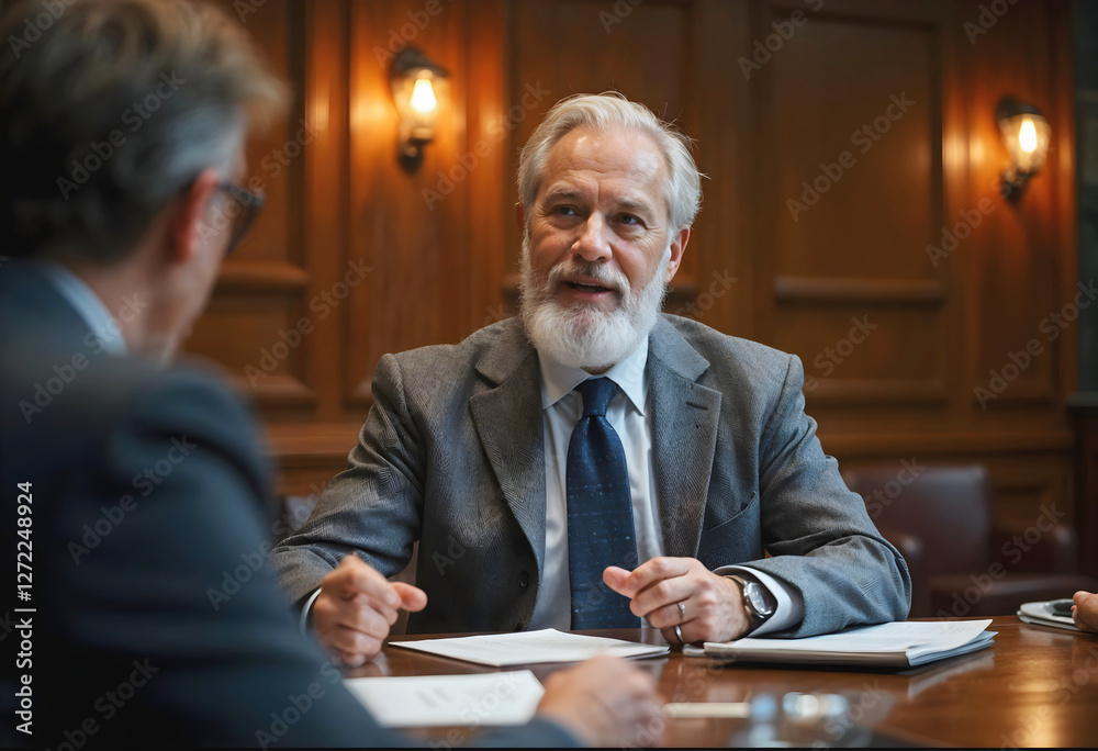 Portrait of handsome elderly elegant business man entrepreneur at meeting in conference room