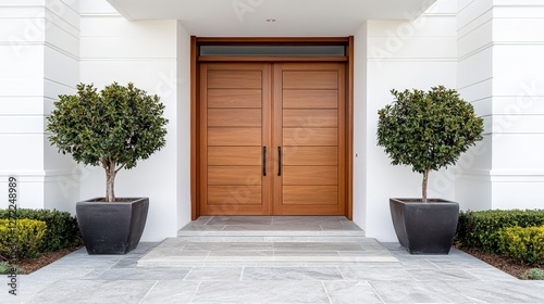 Elegant modern wooden double doors with potted topiary trees and stone tile pathway entrance