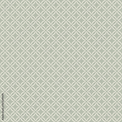 Simple minimalist abstract geometric seamless pattern. Subtle minimal vector texture with small rounded shapes in regular grid, diamonds, rhombuses. Background in sage green color. Repeated design