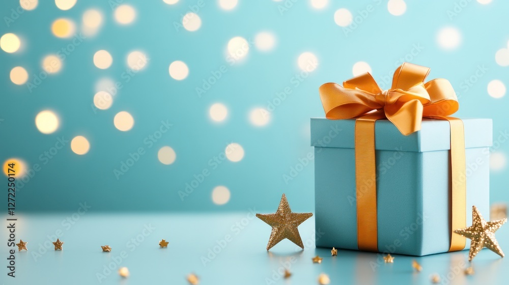 Fototapeta premium Teal gift box with golden bow and star decorations