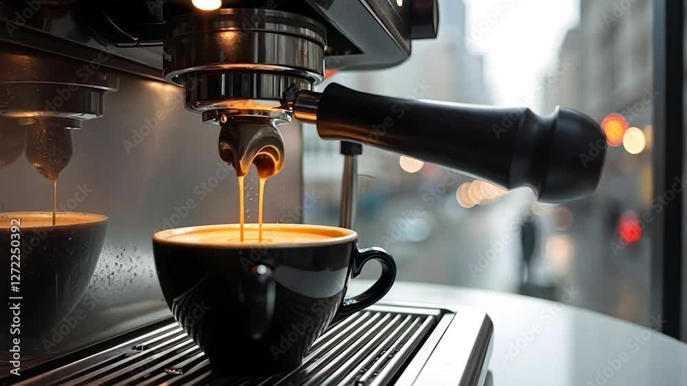 Espresso Machine Brewing Coffee into Black Cup with City View