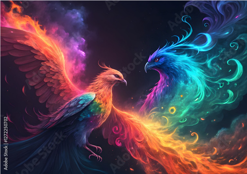 Phoenix Duo: Fire and Ice Fantasy Art with Glowing Feathers