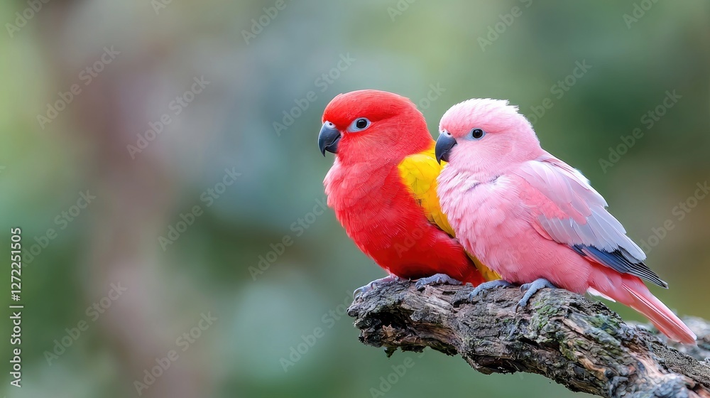 Red and pink parrots perched on branch, blurred green background, nature scene, wildlife photography Red and pink parrots perched on branch, blurred green background, nature scene, wildlife photography