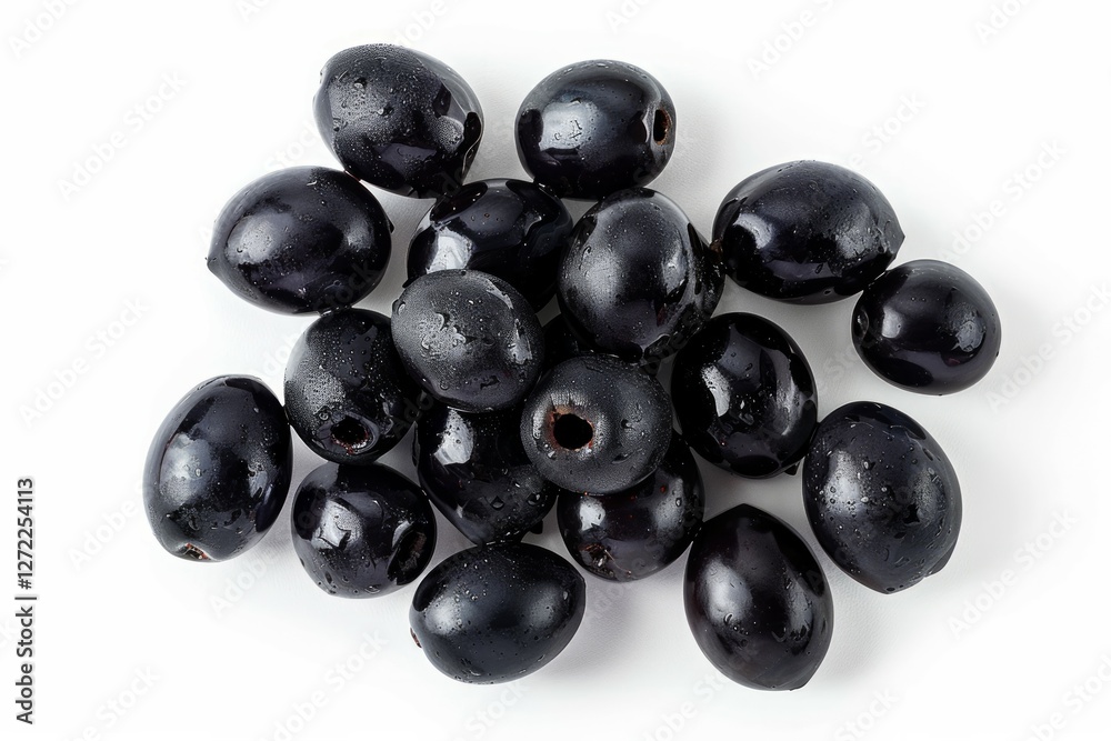 Shiny black olives on white background. Neural network AI generated Shiny black olives on white background. Neural network AI generated