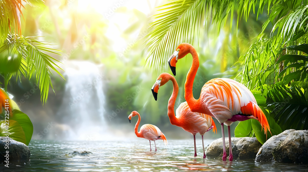 Fototapeta premium Three flamingos by a tropical waterfall in a lush jungle
