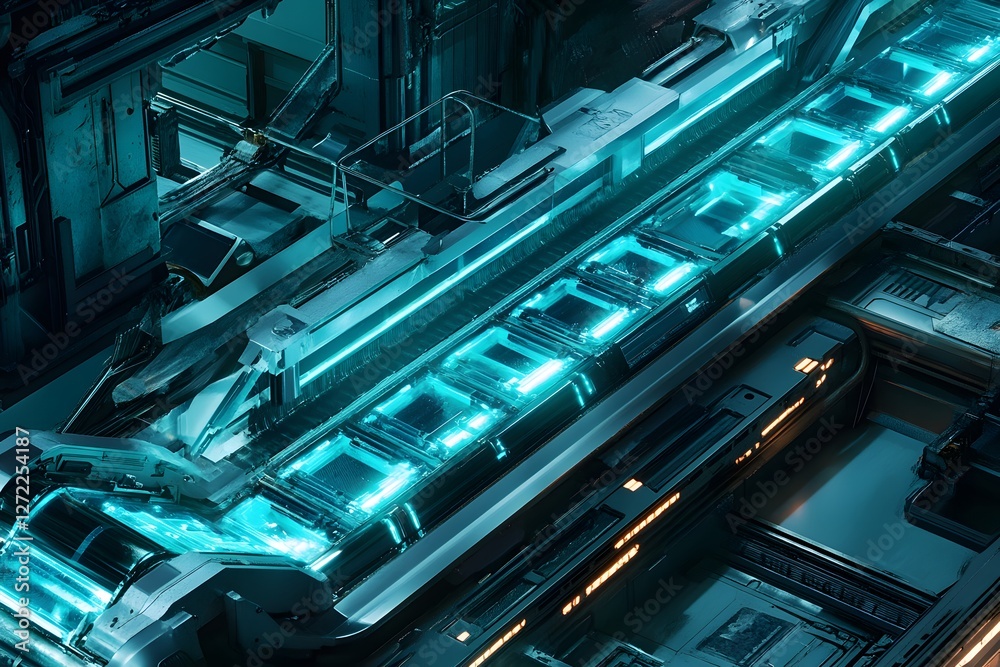 A high-tech assembly process where delicate, glowing parts are transported on a transparent conveyor belt system, illuminated by neon lighting. A high-tech assembly process where delicate, glowing parts are transported on a transparent conveyor belt system, illuminated by neon lighting.