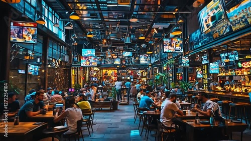 Urban eatery, bustling dining hall, filled with people, large screens in background