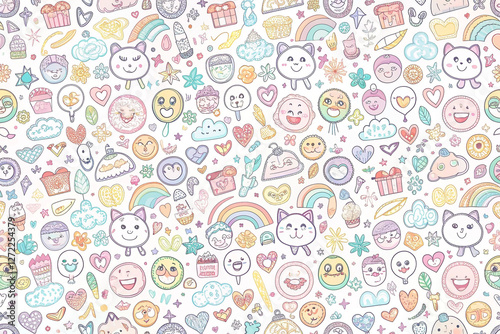Pastel Cute Doodle Pattern Background with Happy Faces