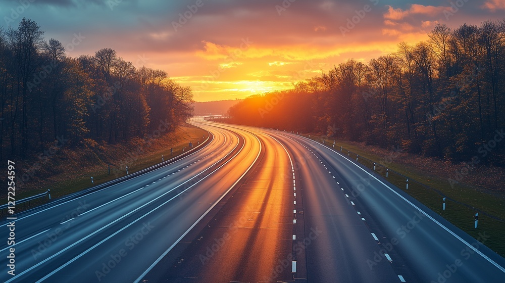 Fototapeta premium A stunning highway at sunset with golden light reflecting off the road and trees