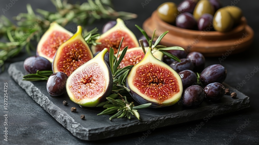Fresh Figs and Olives arrangement, black background Fresh Figs and Olives arrangement, black background