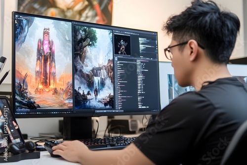 A game designer working on concept art, with the design sketches and digital software interface highlighted. 