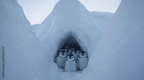 Cute Penguins Huddle in Snowy Cave, Arctic Landscape Background photo