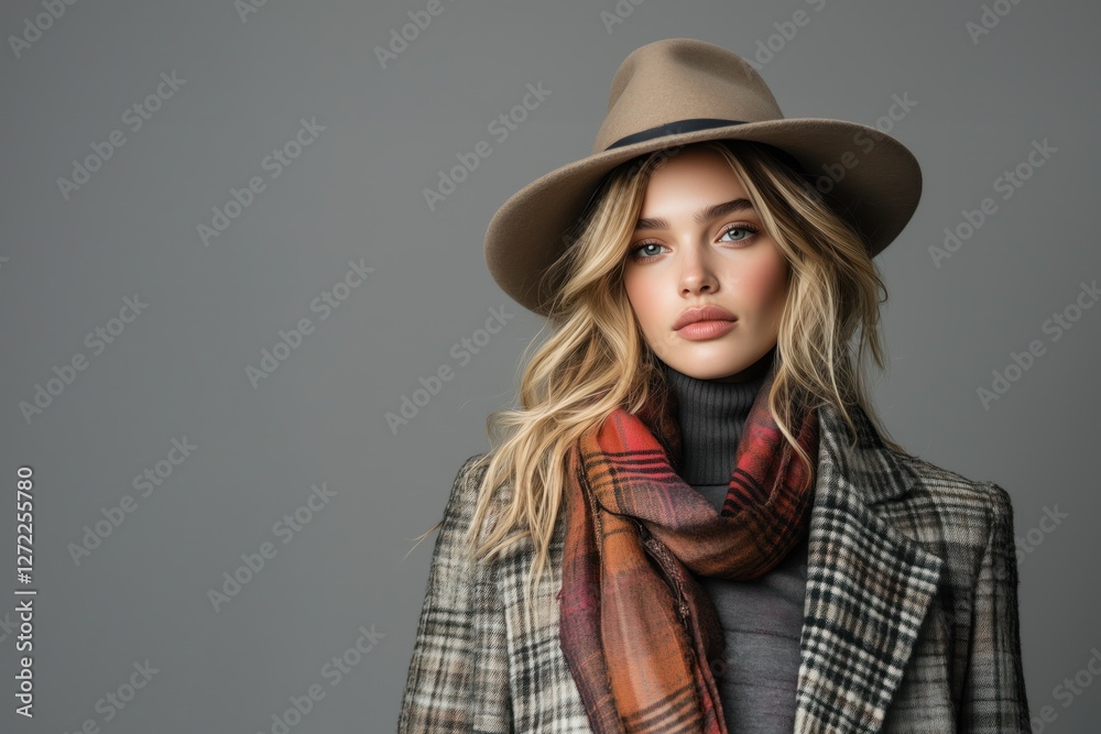 Stylish young Caucasian woman with wavy blonde hair wearing a beige hat, plaid coat, and a patterned scarf. Elegant autumn fashion portrait against a neutral background.
Stylish young Caucasian woman with wavy blonde hair wearing a beige hat, plaid coat, and a patterned scarf. Elegant autumn fashion portrait against a neutral background.