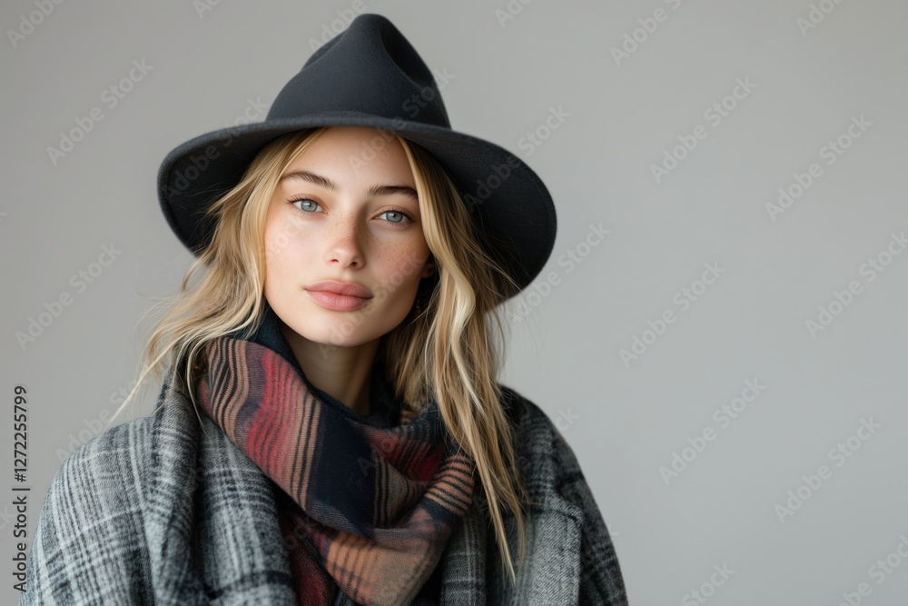 Stylish young Caucasian woman with blonde wavy hair wearing a black hat, plaid coat, and a patterned scarf. Elegant and modern autumn fashion portrait against a neutral background.
Stylish young Caucasian woman with blonde wavy hair wearing a black hat, plaid coat, and a patterned scarf. Elegant and modern autumn fashion portrait against a neutral background.