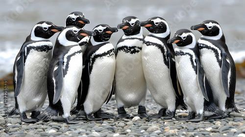 Group of Gentoo Penguins huddle on a rocky beach by the ocean
