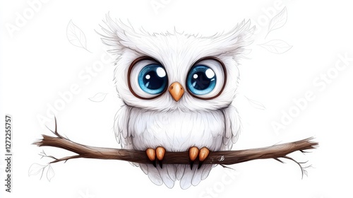 Adorable cartoon white owl with big blue eyes on a branch