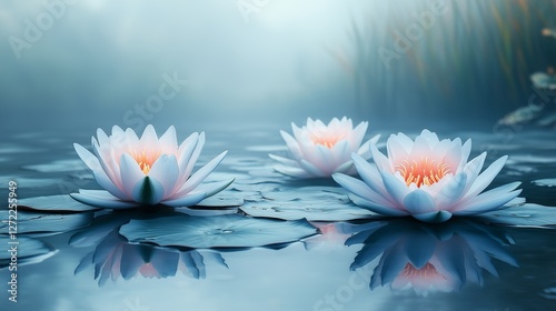 Serene blue water lilies on calm water, pastel background