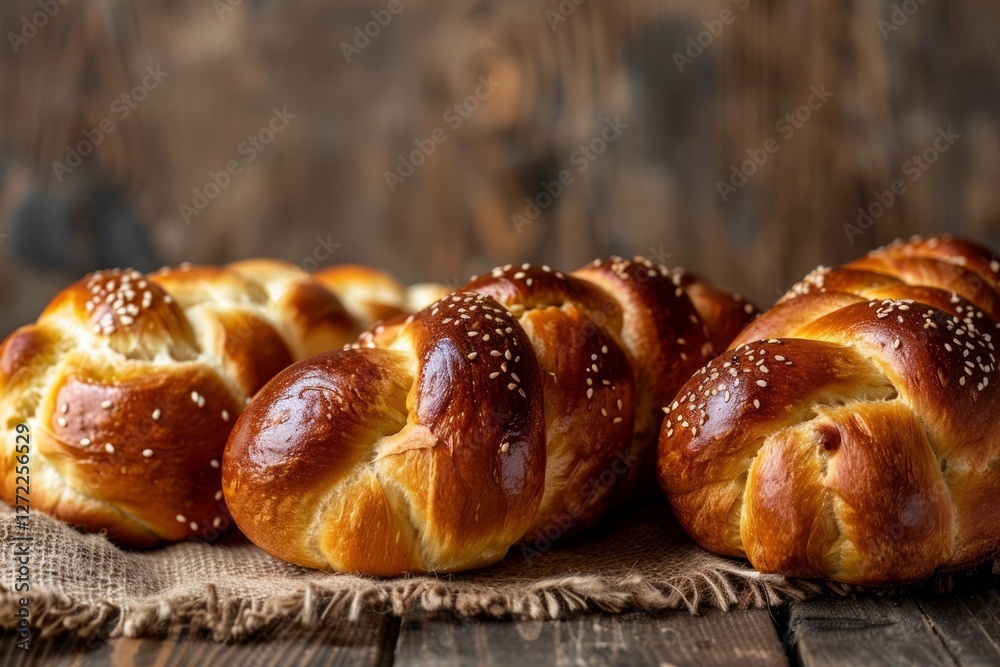 Golden challah loaf with sesame on rustic cloth. Neural network AI generated Golden challah loaf with sesame on rustic cloth. Neural network AI generated