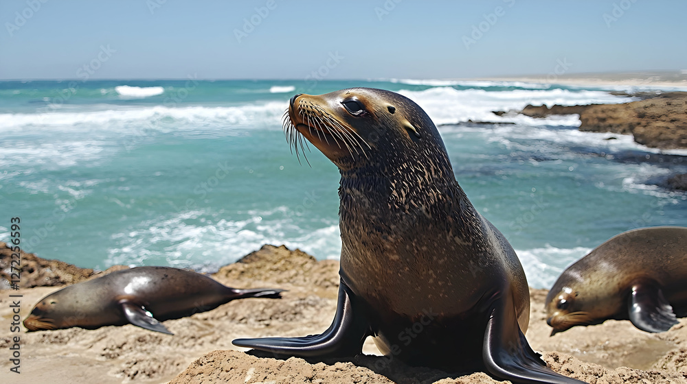 Obraz premium Coastal Sea Lion Resting on Rocky Shore, Ocean Waves Crashing, Wildlife Conservation
