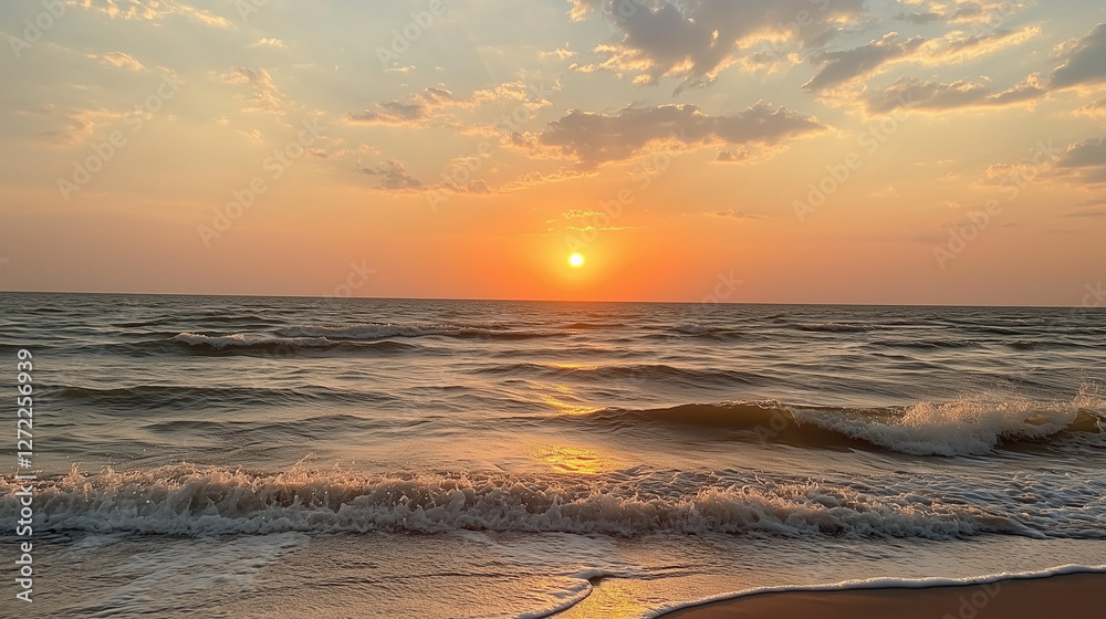 Fototapeta premium Serene Sunset Over Ocean with Gentle Waves on a Sandy Beach