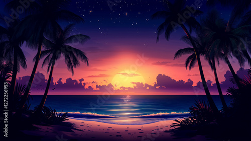 Tropical Sunset Over Ocean with Palm Trees and Starry Sky