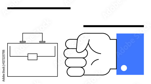 Bold fist clenched beside a briefcase, clean lines and bold colors. Ideal for work ethics, determination, professionalism, business decisions, negotiation, leadership, abstract line flat metaphor