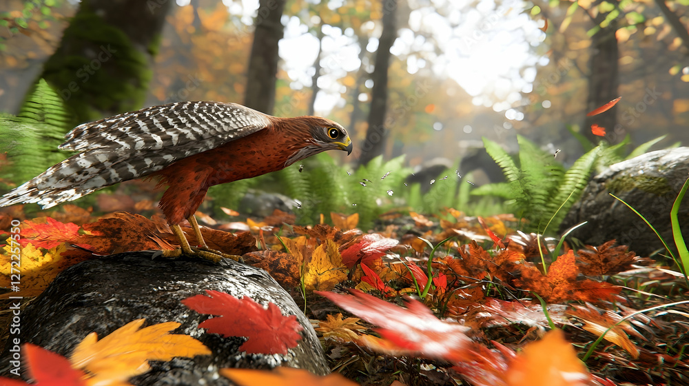 Hawk Perched on Rock in Autumn Forest, Leaves Falling, Wildlife Background, Nature Advertisement