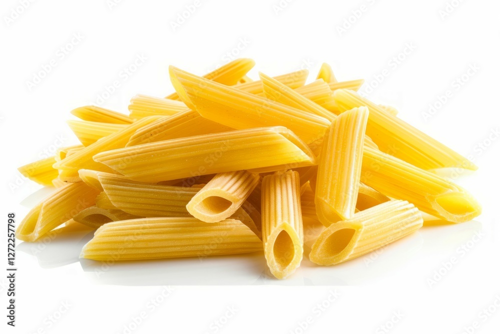 Pile of raw penne pasta on white background. Neural network AI generated Pile of raw penne pasta on white background. Neural network AI generated