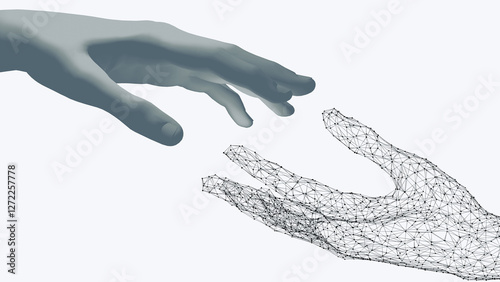 The AI network hand touches the human hand on a white background. AI tools that helping people. Artificial intelligence technology concept