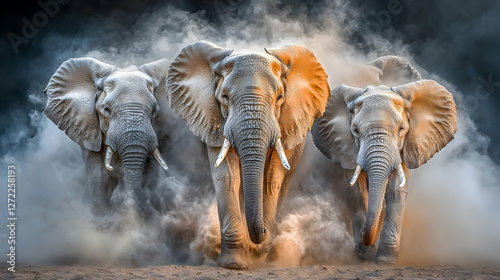 Powerful African elephants charging through dust storm in savanna
