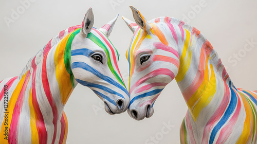 A close-up of two horses with bold, colorful stripe patterns, resembling a painter's brushstrokes photo