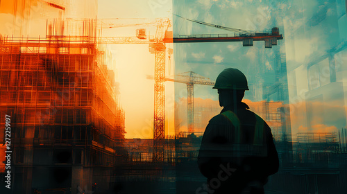 Visionary Builder and Construction Site: An evocative, artistic photo portraying a construction worker with the backdrop of a bustling construction site with cranes under a sunset. photo