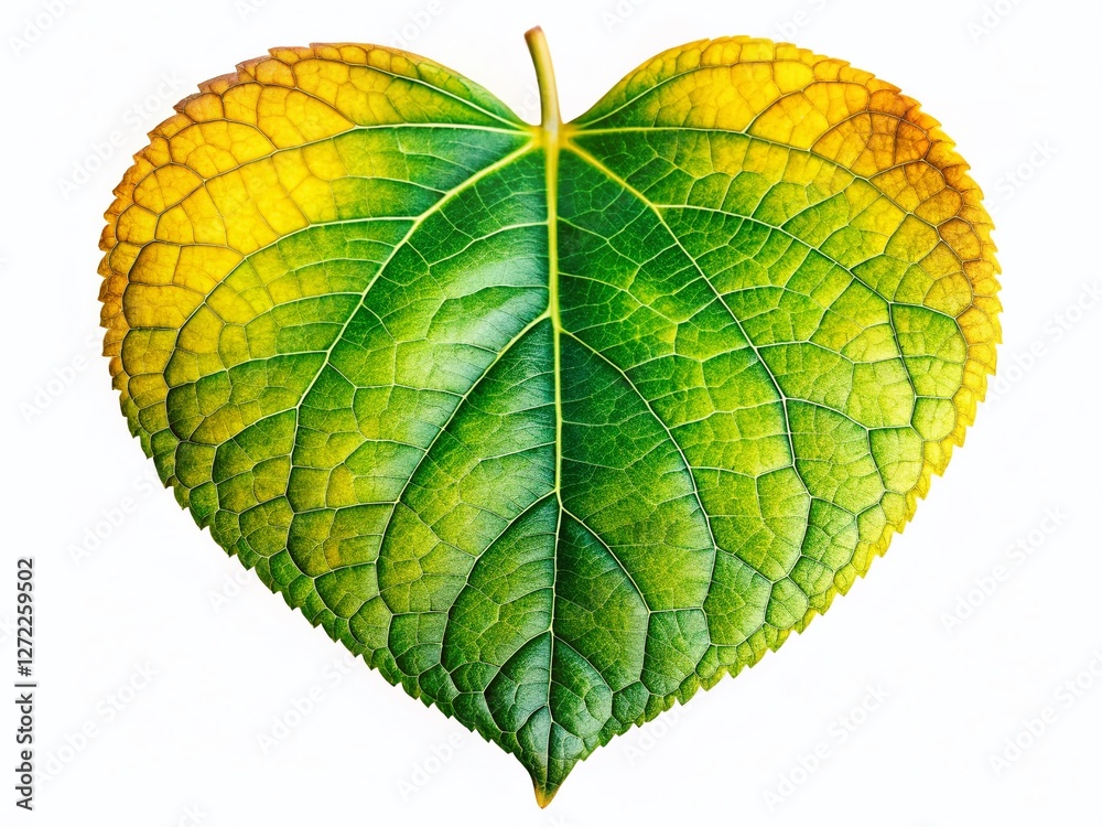 Obraz premium Heart-Shaped Leaf, Vibrant Green Yellow, Panoramic Botanical Photography, Nature Stock Photo