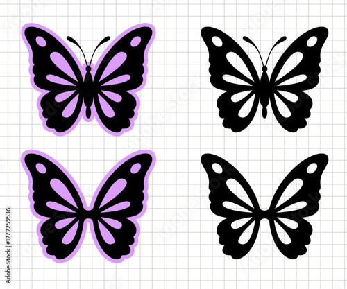 Butterfly design. Summer tropical insect. Different poses. Silhouette vector flat illustration. Cutting file. Suitable for cutting software. Cricut, Silhouette.	
