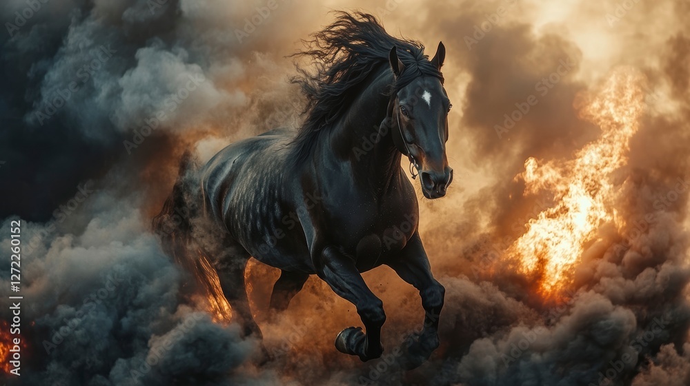 Obraz premium Majestic Black Horse Running Amidst Fire and Smoke