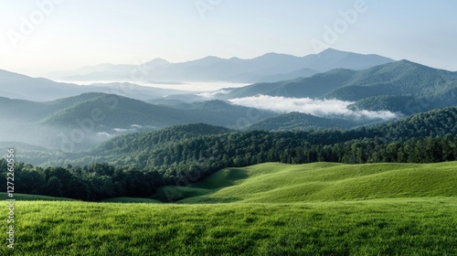 Lush green meadows and forested hills roll into misty mountain valleys under a bright morning sky.