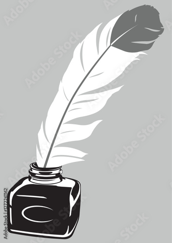A graphic illustration of a quill pen in a bottle of ink. 