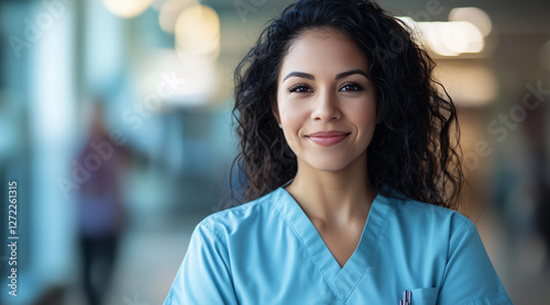 35-year-old latina woman nurse wearing a light blue scrub top, radiating warmth and support. 