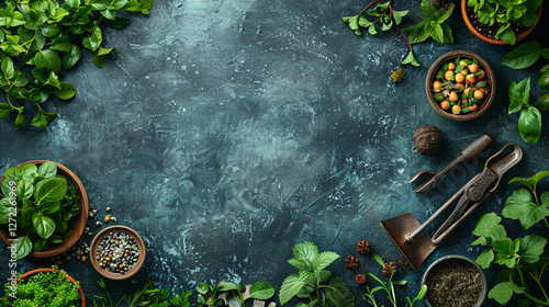 Top View Rustic Gardening Background with Herbs, Seeds, and Tools