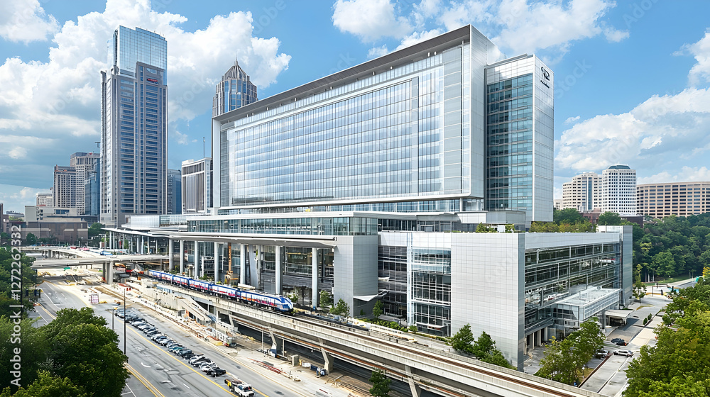 Modern medical complex overlooking city train tracks and highway Modern medical complex overlooking city train tracks and highway
